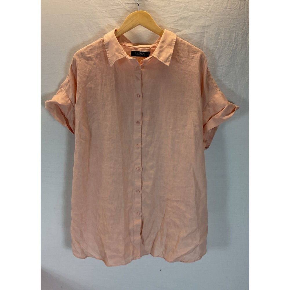 Ralph‎ Lauren Black Label womens Linen Short Sleeve Button Up Shirt Orange 2XL